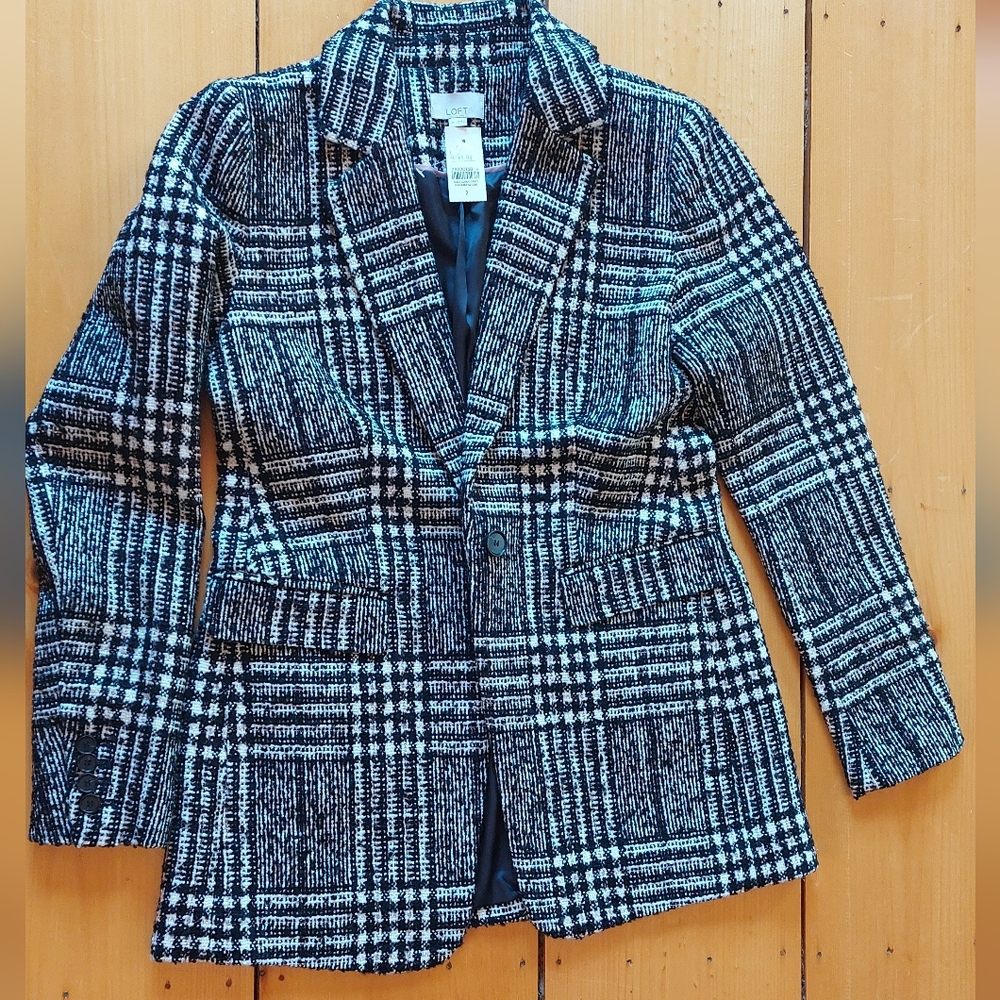 Women's LOFT Black and White Plaid Tweed Jacket size 2 NWT